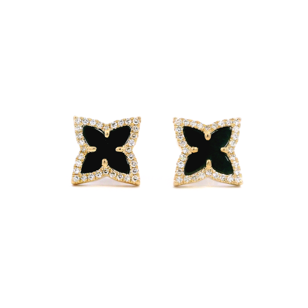 Clover Onyx and Diamond Halo Earrings in 14K Yellow Gold, 1.76cttw