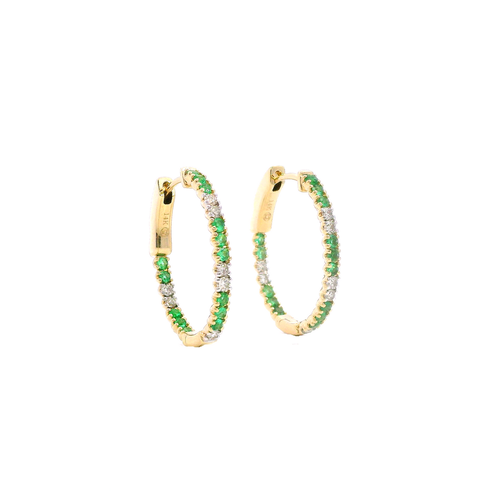 Round Emerald and Diamond Inside Out Earrings in 14K Yellow Gold, 0.89cttw