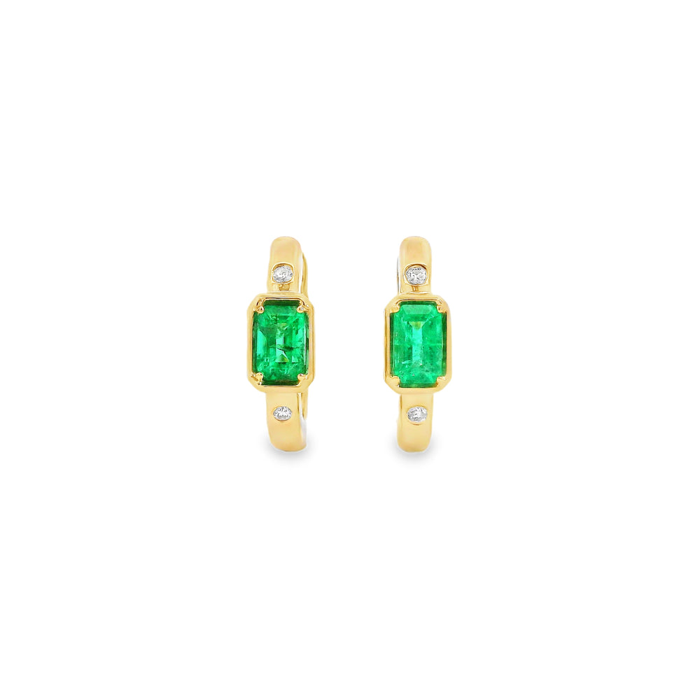 Emerald Cut Emerald and Diamond Huggie Earrings in 14K Yellow Gold, 0.68cttw