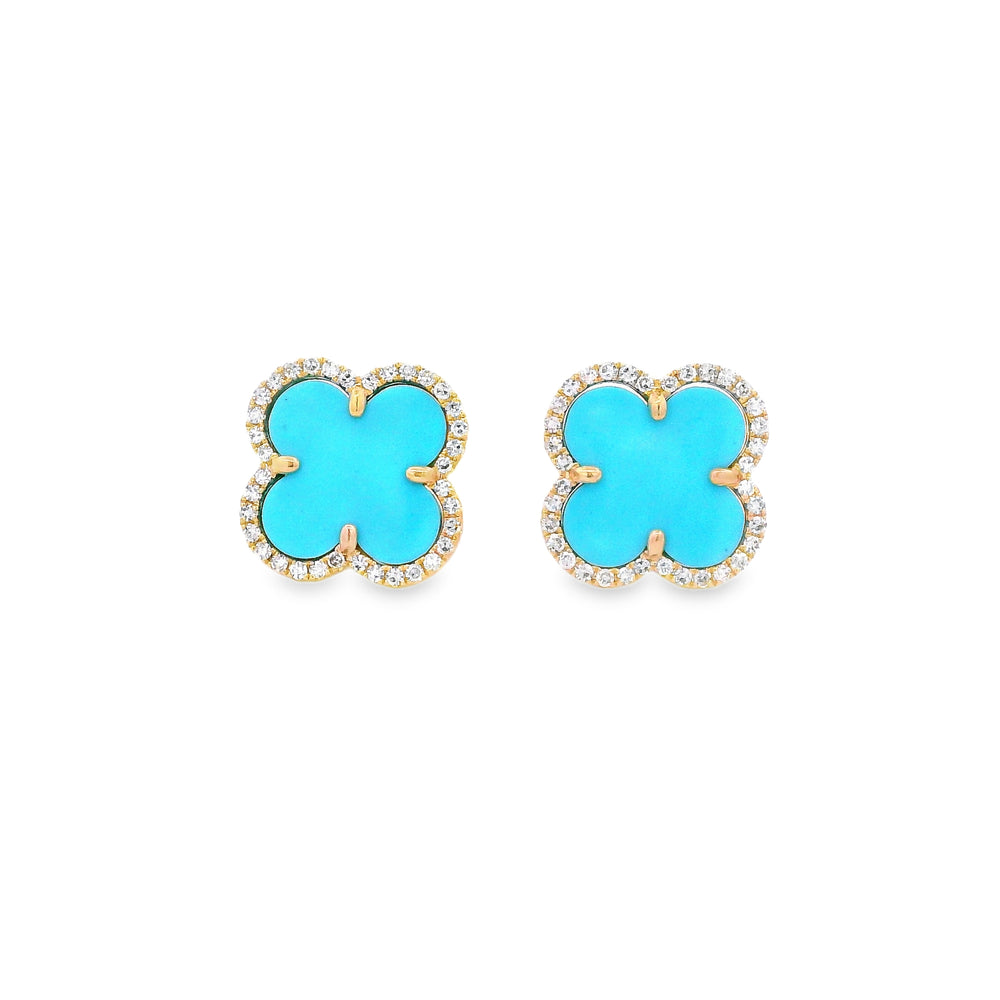 Clover Turquoise and Diamond Halo Earrings in 14K Yellow Gold, 3.41cttw