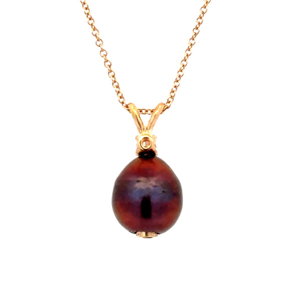 14K Yellow Gold Black Pearl Pendant with Ruby and Diamond