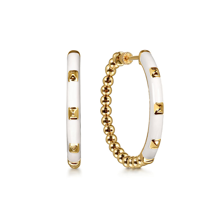 Enamel - 14K Yellow Gold Bujukan Beads Classic Hoop Earrings with White ...