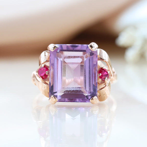 14K Rose Gold Emerald Cut 3-Stone Amethyst and Ruby Ring