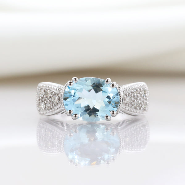 Oval Diamond Pavé Aquamarine Ring in 14K White Gold, 2.58 cttw